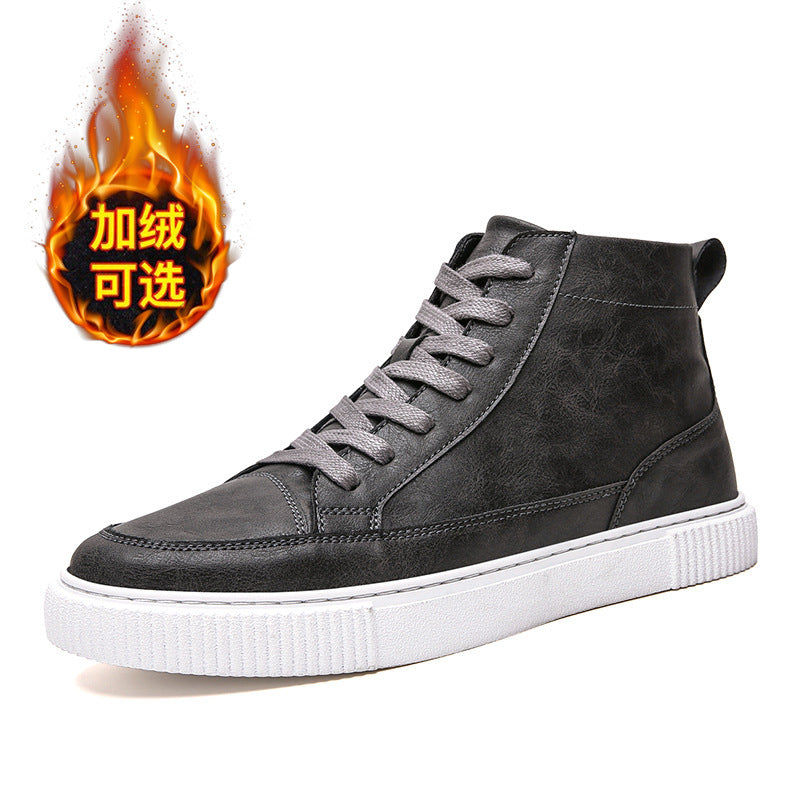 Leather shoes plus velvet warm high-top sneakers