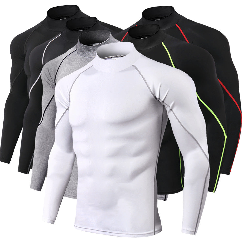 Mens high collar fitness pro sports running long sleeve T-shirt