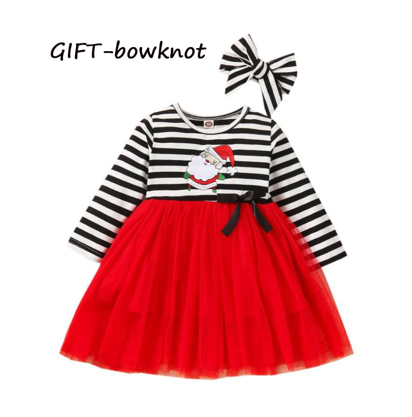 Christmas Floral Striped Hoilday Girl Dresses Toddler Kid Baby Girls Deer Long Sleeve Tulle Xmas Green Clothes