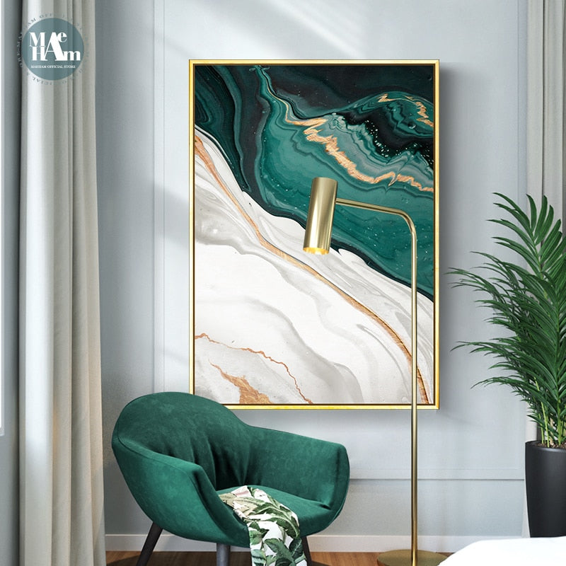 Modern Abstract Gold foil lines Green Canvas Art Paintings