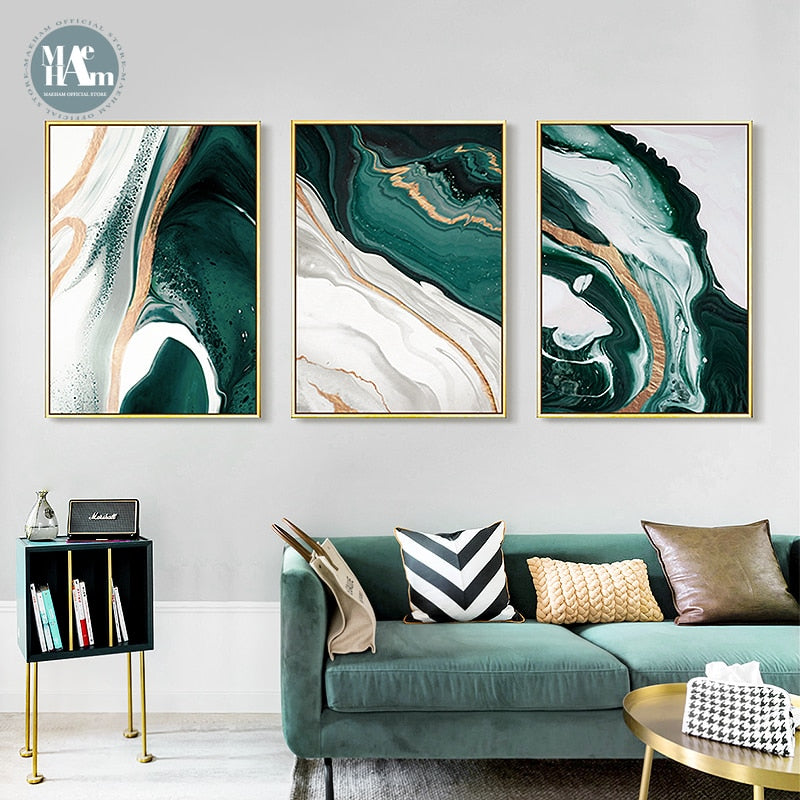 Modern Abstract Gold foil lines Green Canvas Art Paintings