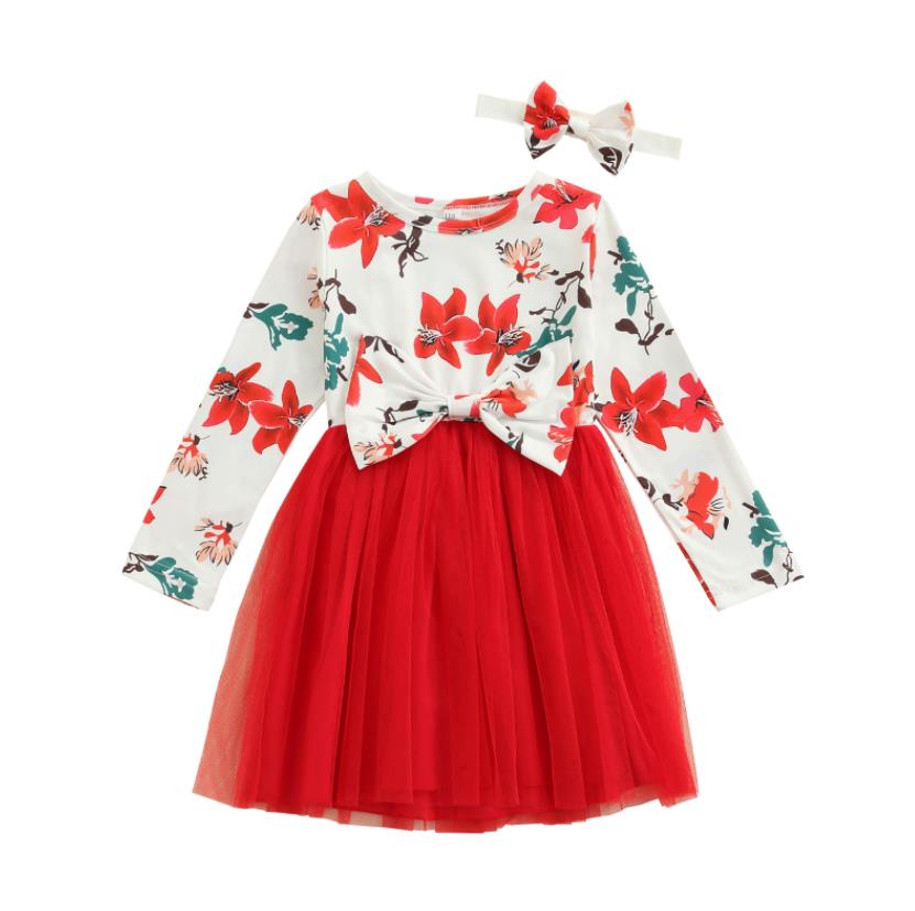 Christmas Floral Striped Hoilday Girl Dresses Toddler Kid Baby Girls Deer Long Sleeve Tulle Xmas Green Clothes