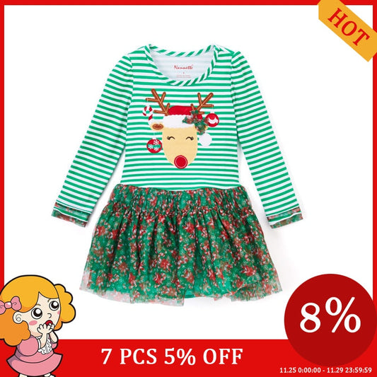 Christmas Floral Striped Hoilday Girl Dresses Toddler Kid Baby Girls Deer Long Sleeve Tulle Xmas Green Clothes