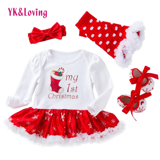 Christmas Baby Clothes Snowflake Long Sleeve Newborn Romper Dress Baby Girls Clothes 4pcs Set 2021 New Year Infant Clothing