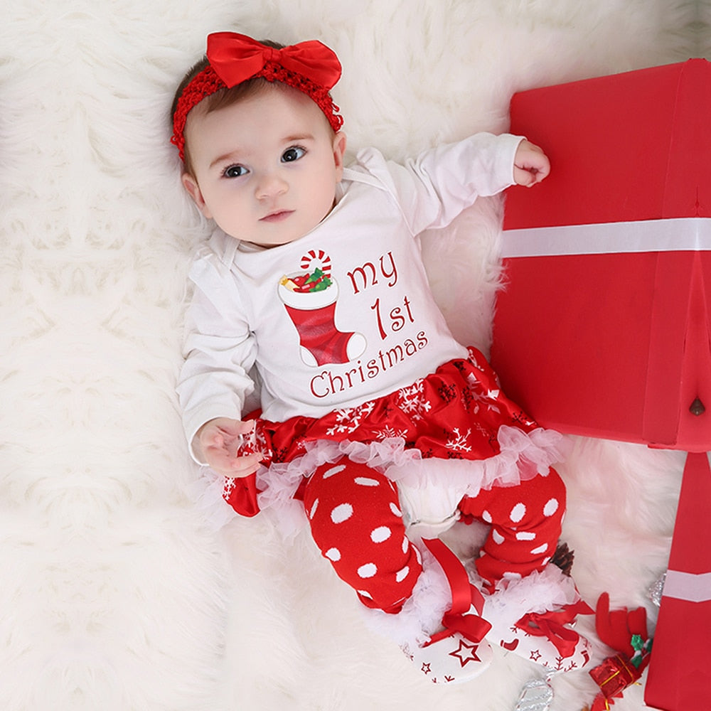 Christmas Baby Clothes Snowflake Long Sleeve Newborn Romper Dress Baby Girls Clothes 4pcs Set 2021 New Year Infant Clothing