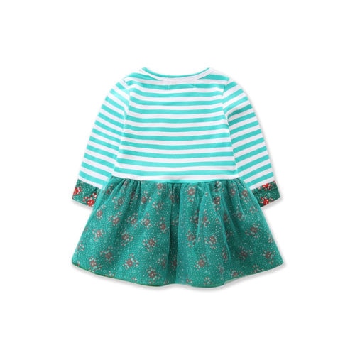 Christmas Floral Striped Hoilday Girl Dresses Toddler Kid Baby Girls Deer Long Sleeve Tulle Xmas Green Clothes