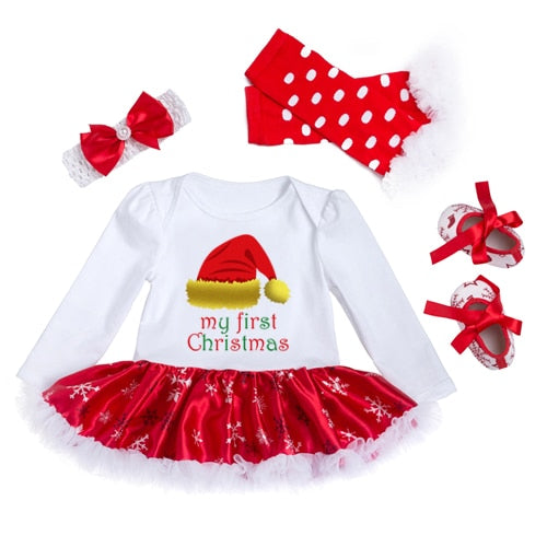 Christmas Baby Clothes Snowflake Long Sleeve Newborn Romper Dress Baby Girls Clothes 4pcs Set 2021 New Year Infant Clothing