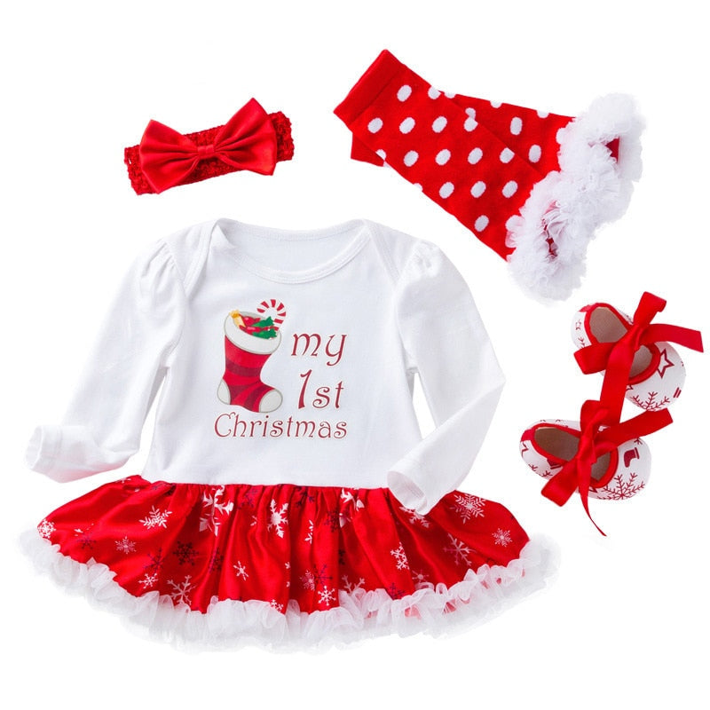 Christmas Baby Clothes Snowflake Long Sleeve Newborn Romper Dress Baby Girls Clothes 4pcs Set 2021 New Year Infant Clothing