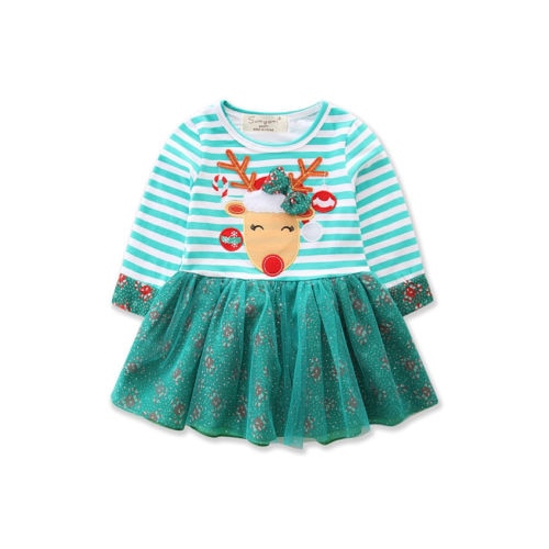 Christmas Floral Striped Hoilday Girl Dresses Toddler Kid Baby Girls Deer Long Sleeve Tulle Xmas Green Clothes