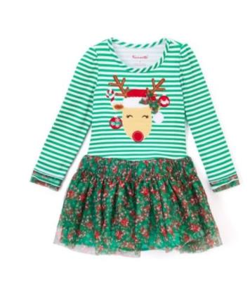 Christmas Floral Striped Hoilday Girl Dresses Toddler Kid Baby Girls Deer Long Sleeve Tulle Xmas Green Clothes