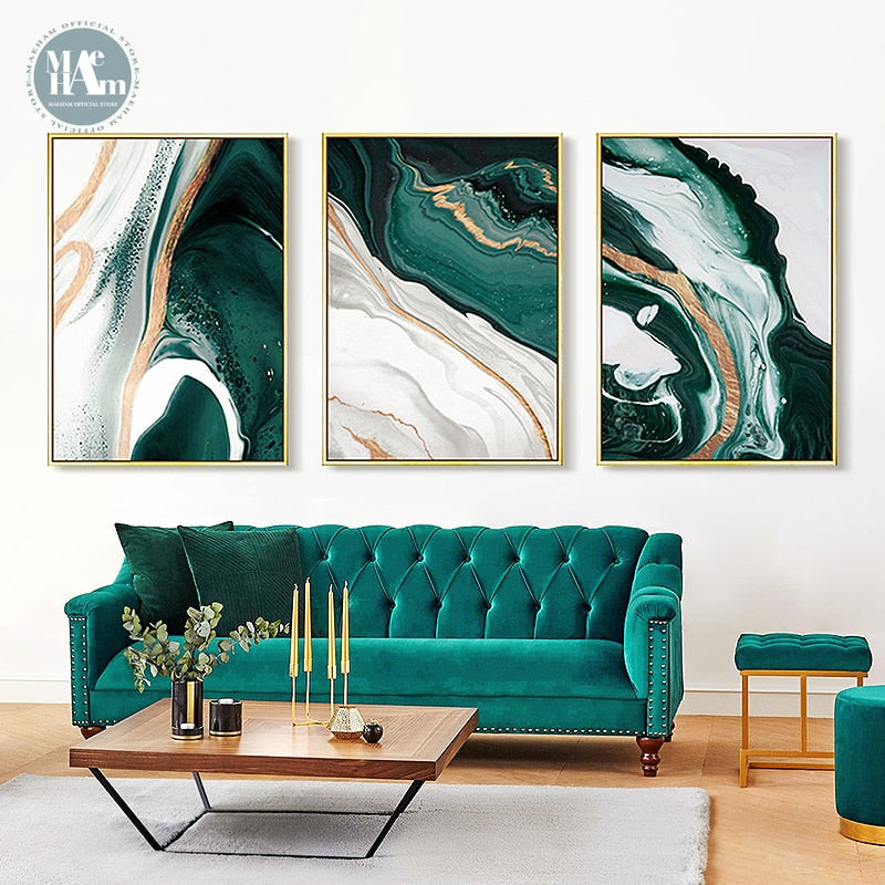 Modern Abstract Gold foil lines Green Canvas Art Paintings