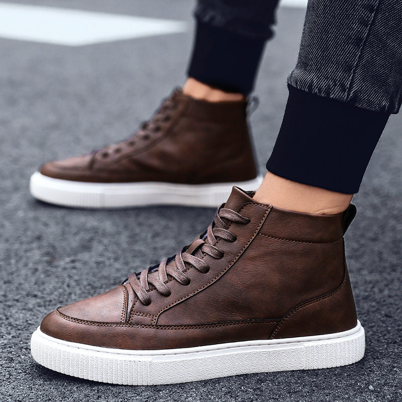 Leather shoes plus velvet warm high-top sneakers