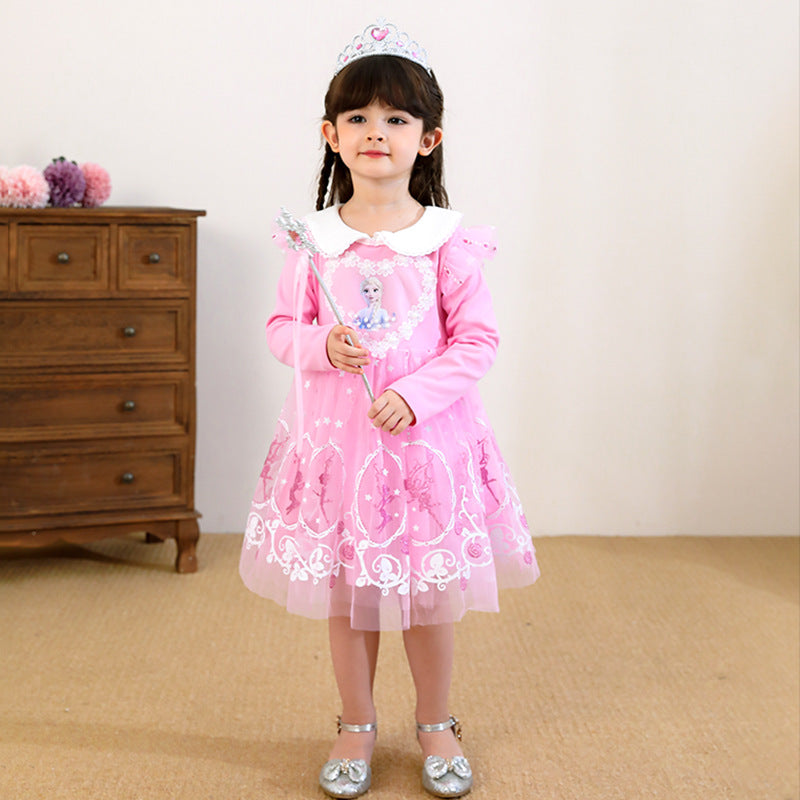 Ice Snow Qiyuan Princess Skirt Autumn and Winter Girls Dress Korean Edition Christmas Halloween Plus Velroce Skirt Children's Wear