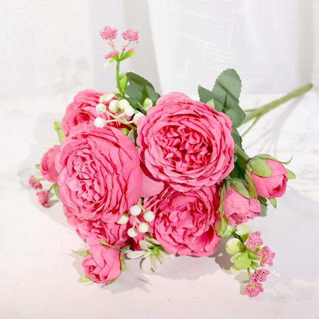 Pink Silk Peony Artificial Flowers Rose Wedding Home DIY Decor High Quality Big Bouquet Foam Accessories Craft White Fake Flower