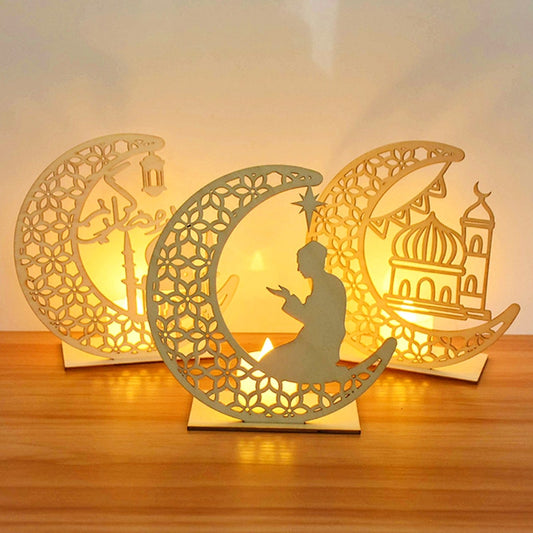 EID Mubarak Wooden Pendant with LED Candles – Elegant Ramadan and Eid Decor