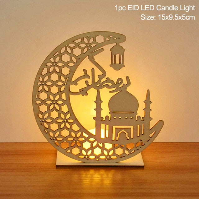 EID Mubarak Wooden Pendant with LED Candles – Elegant Ramadan and Eid Decor