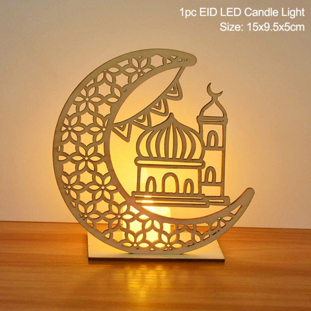 EID Mubarak Wooden Pendant with LED Candles – Elegant Ramadan and Eid Decor