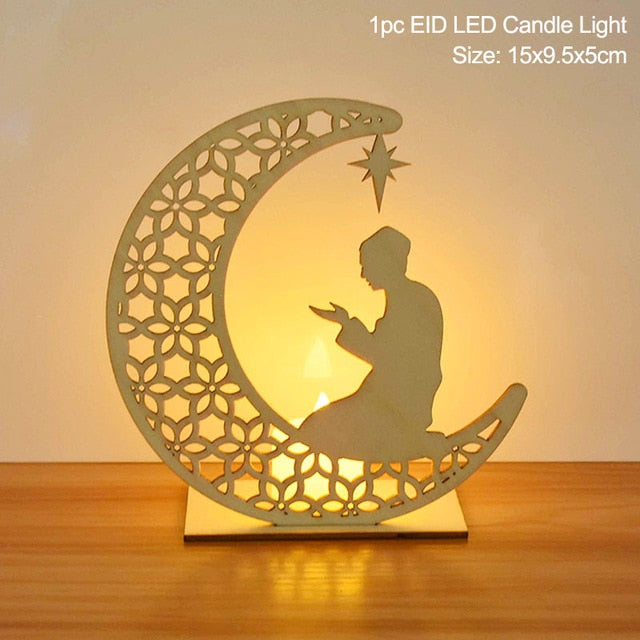 EID Mubarak Wooden Pendant with LED Candles – Elegant Ramadan and Eid Decor