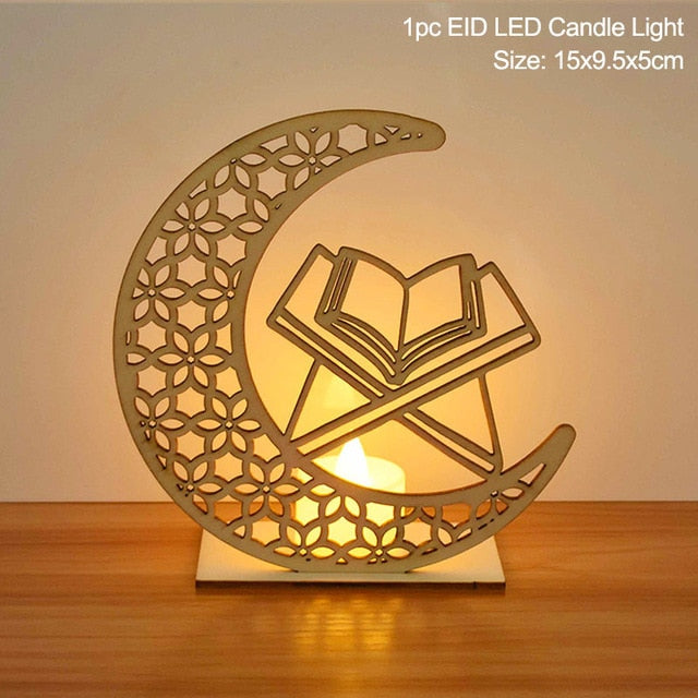 EID Mubarak Wooden Pendant with LED Candles – Elegant Ramadan and Eid Decor