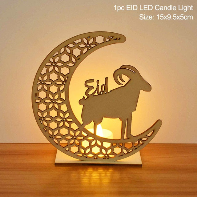 EID Mubarak Wooden Pendant with LED Candles – Elegant Ramadan and Eid Decor