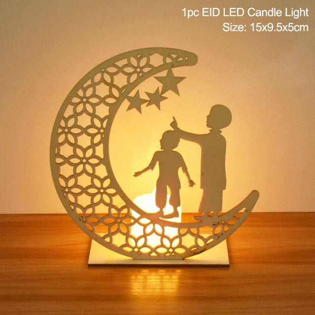 EID Mubarak Wooden Pendant with LED Candles – Elegant Ramadan and Eid Decor