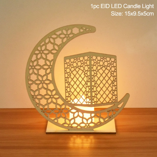 EID Mubarak Wooden Pendant with LED Candles – Elegant Ramadan and Eid Decor