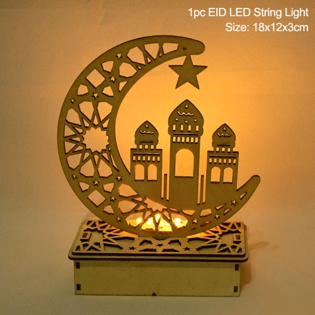 EID Mubarak Wooden Pendant with LED Candles – Elegant Ramadan and Eid Decor