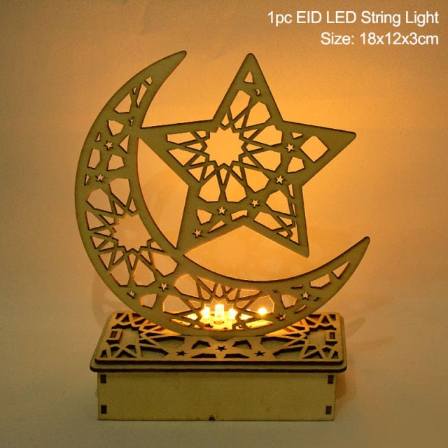 EID Mubarak Wooden Pendant with LED Candles – Elegant Ramadan and Eid Decor