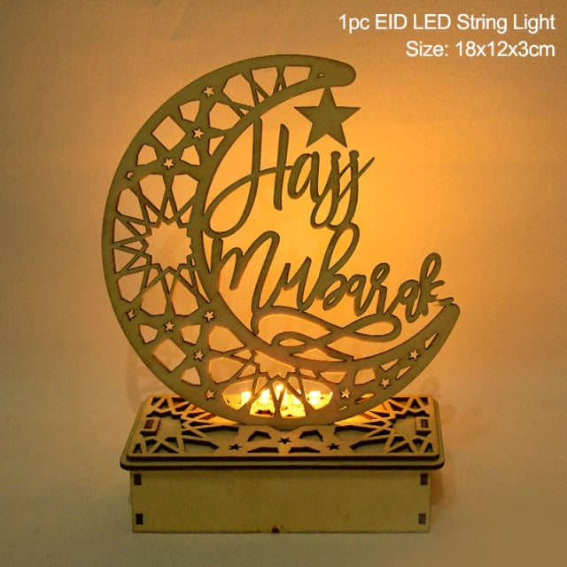 EID Mubarak Wooden Pendant with LED Candles – Elegant Ramadan and Eid Decor