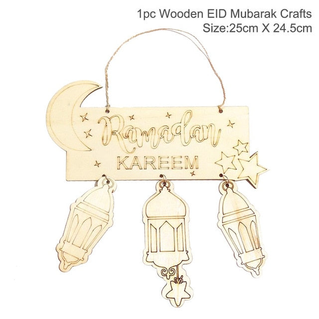 EID Mubarak Wooden Pendant with LED Candles – Elegant Ramadan and Eid Decor